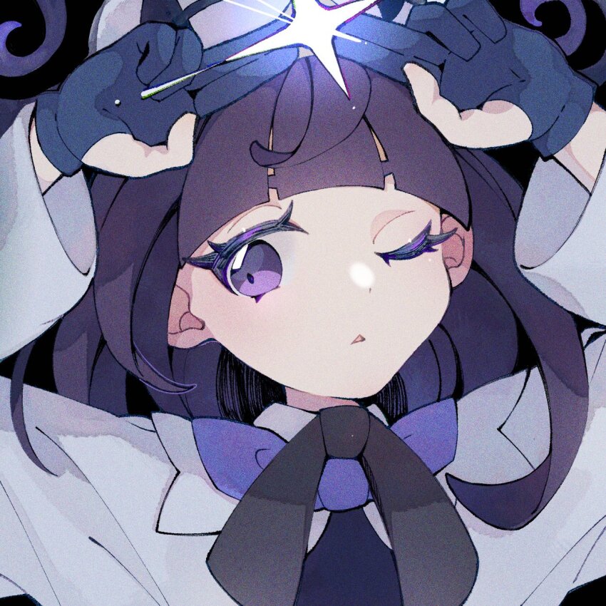 1girl, arched_bangs, black_background, black_dress, coat, dress, eyelashes, gloves