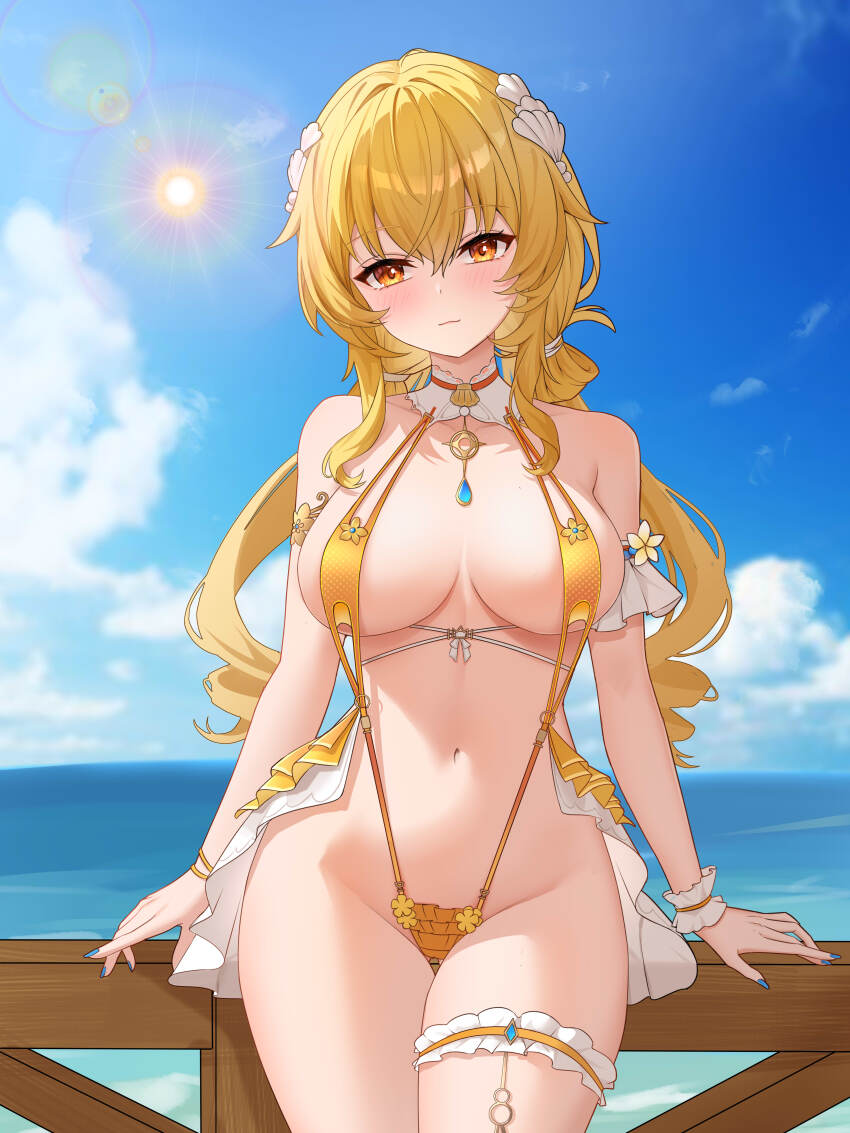 1girl, :3, absurdres, arm_garter, bare_shoulders, blonde_hair, blue_nails, breasts, cleavage, closed_mouth, commentary_request, cowboy_shot, day, fenny_golden, frilled_slingshot_swimsuit, frilled_thigh_strap, hair_between_eyes, hair_ornament, highres, kai_si_(hscn5578), large_breasts, long_hair, looking_at_viewer, low_twintails, nail_polish, navel, official_alternate_costume, orange_eyes, outdoors, slingshot_swimsuit, snowbreak:_containment_zone, solo, stomach, sunlight, swimsuit, thigh_gap, thigh_strap, twintails, wrist_cuffs, yellow_slingshot_swimsuit