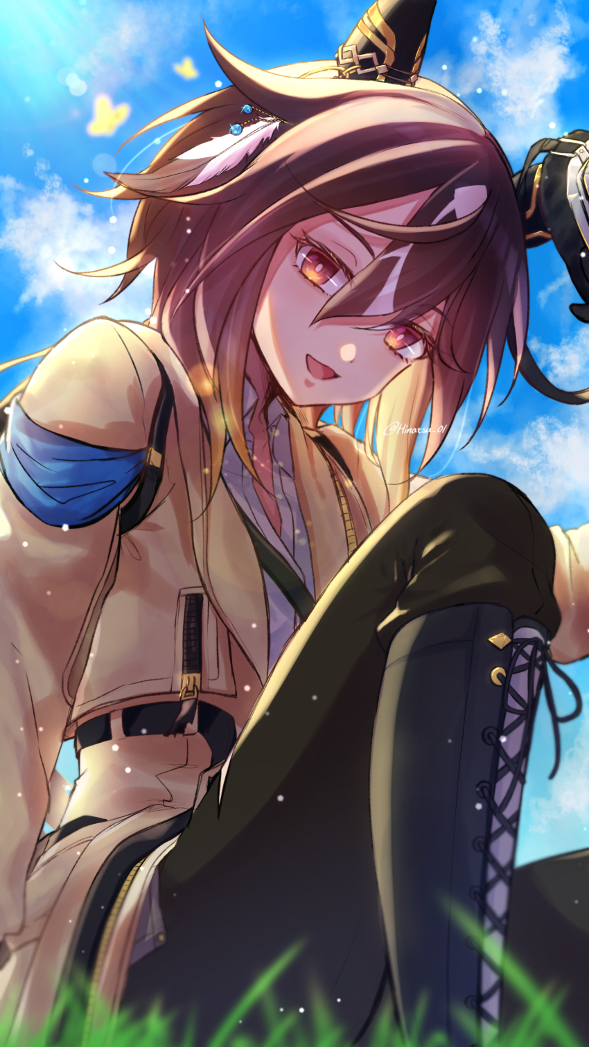 1girl, absurdres, animal_ears, black_boots, black_hair, black_pants, blue_sky, boots, brown_eyes, brown_hair, bug, butterfly, coat, ear_covers, grass, hair_between_eyes, highres, horse_ears, horse_girl, insect, knee_up, long_hair, looking_at_viewer, multicolored_hair, open_mouth, outdoors, pants, ri_ri_0818, shirt, sitting, sky, smile, solo, stay_gold_(sunlit_outsider)_(umamusume), stay_gold_(umamusume), streaked_hair, umamusume, white_hair, white_shirt, yellow_coat