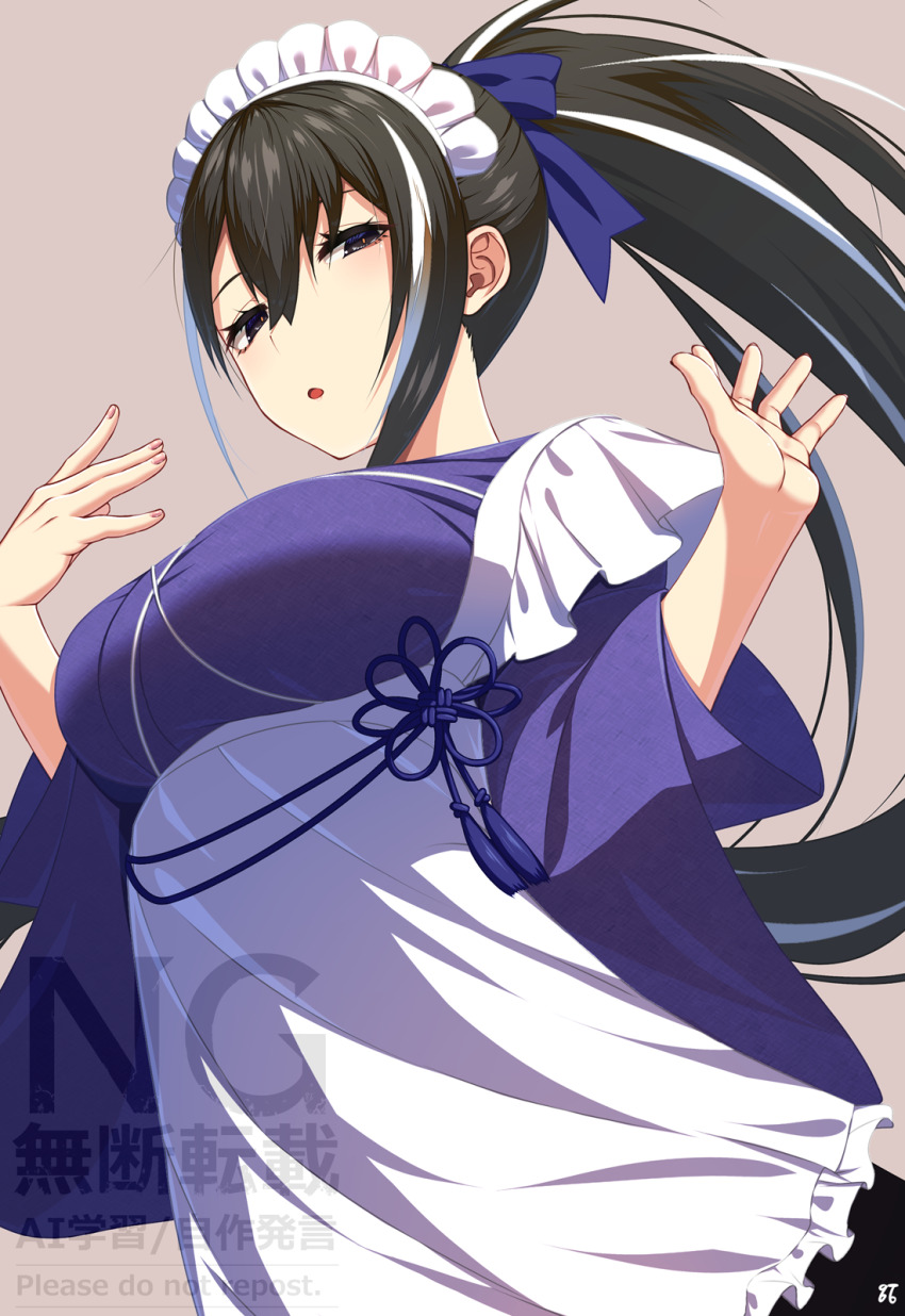 1girl, apron, black_hair, black_skirt, blue_kimono, bow, breasts, brown_eyes