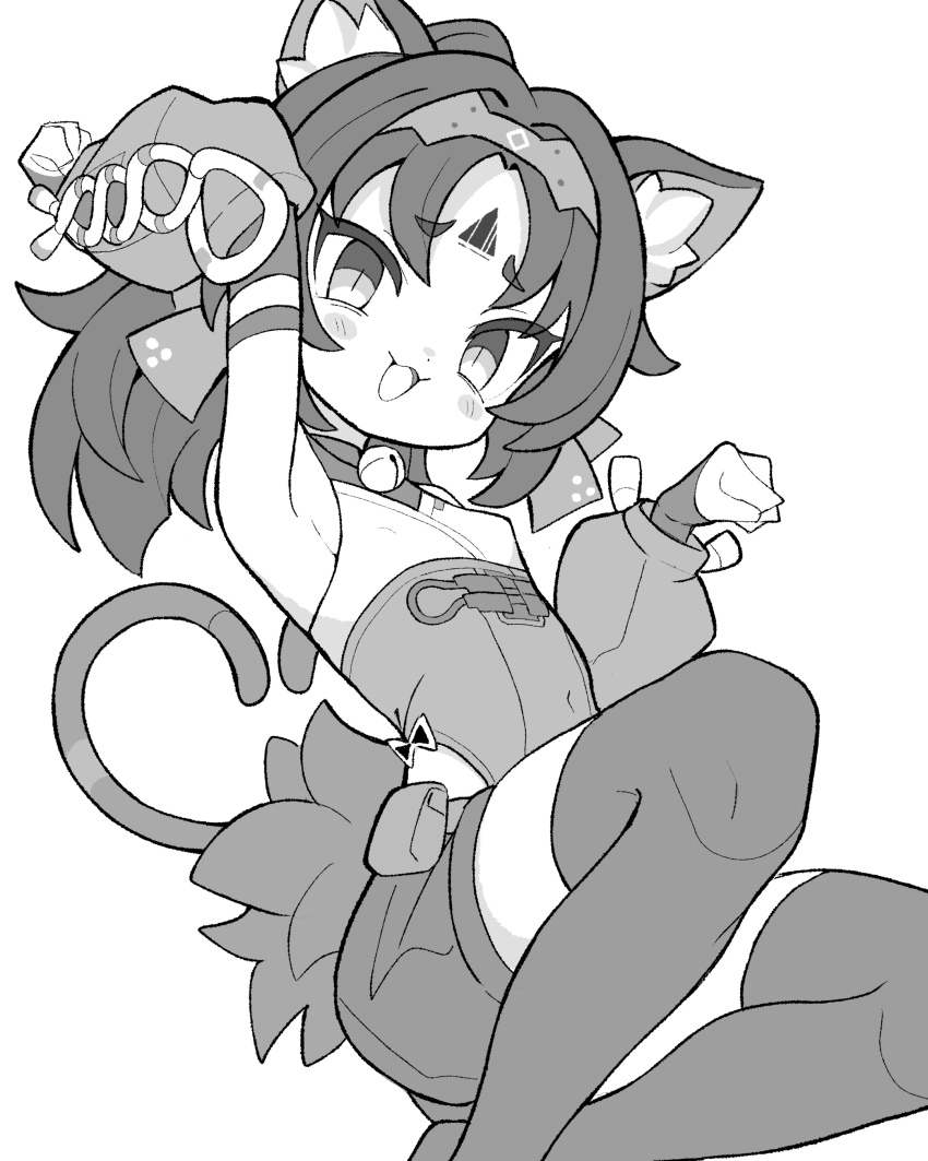 1girl, :3, absurdres, animal_ears, arm_warmers, bell, blush, bow, cat_ears, cat_girl, cat_tail, double_helix, facial_mark, flat_chest, forehead_mark, hair_bow, hairband, highres, jingle_bell, ketsu_juuji_killer_(kejuki), leotard, loli, long_hair, looking_at_viewer, mesugaki, monochrome, multiple_tails, neck_bell, nekomata, nekomiya_mana, open_mouth, paw_pose, ponytail, shorts, sitting, smile, tail, thighhighs, zenless_zone_zero