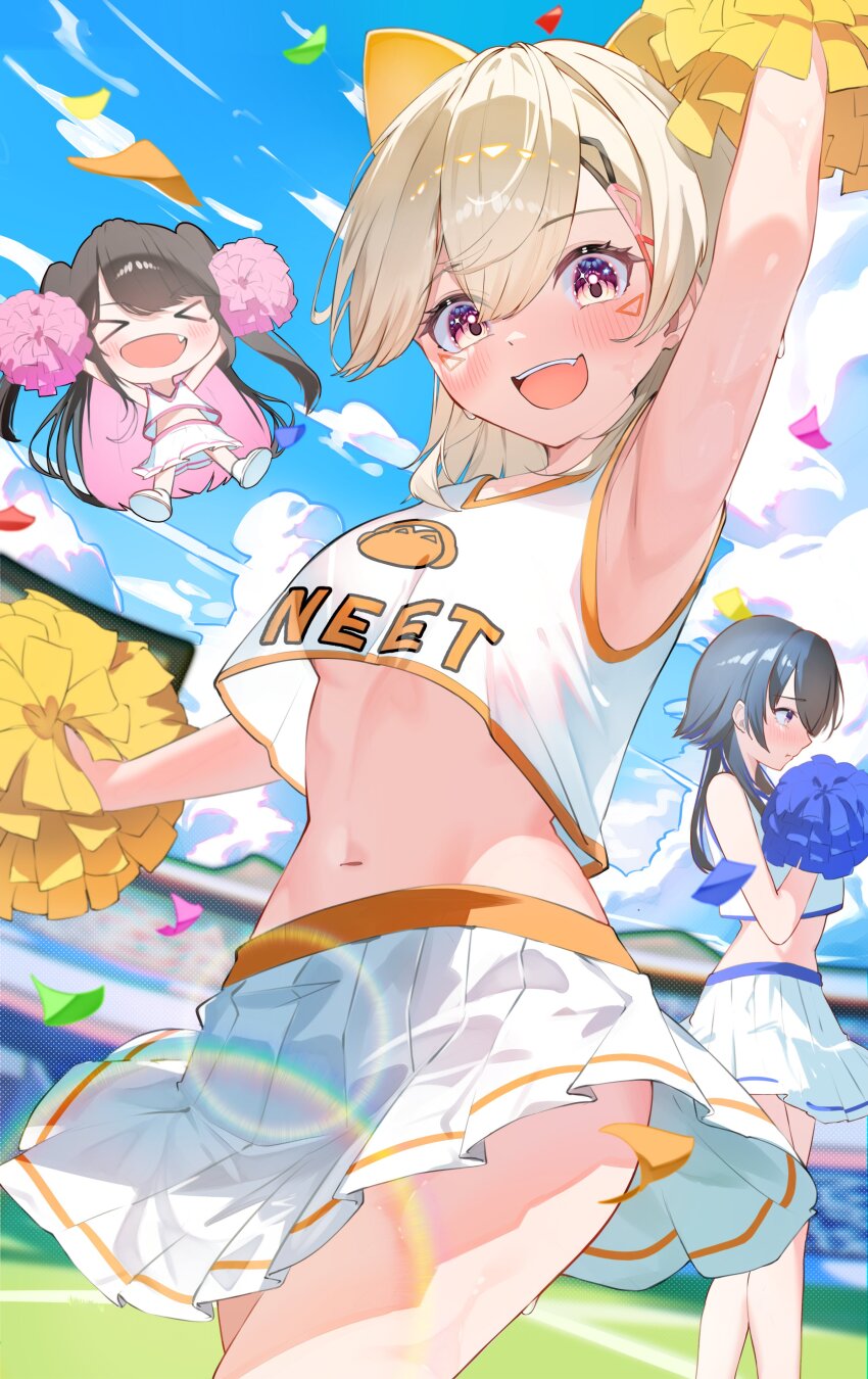 >_<, 3girls, :d, absurdres, arm_up, armpits, black_hair, blonde_hair, blue_hair, blue_sky, blush, bow, breasts, brown_hair, cheering, cheerleader, chibi, clothes_lift, clothes_writing, cloud, colored_inner_hair, confetti, crop_top, crop_top_overhang, day, eriwo122525, facial_mark, fang, hair_bow, hair_ornament, hairclip, highres, holding, holding_pom_poms, ichinose_uruha, jumping, kaga_nazuna, komori_met, lens_flare, long_hair, looking_at_viewer, medium_breasts, midriff, miniskirt, multicolored_hair, multiple_girls, navel, no_bra, open_mouth, outdoors, pink_hair, pleated_skirt, pom_pom_(cheerleading), pom_poms, purple_eyes, see-through_silhouette, shirt, skirt, skirt_lift, sky, sleeveless, sleeveless_shirt, smile, stadium, stomach, streaked_hair, sweat, triangle, triangle_facial_mark, two-tone_hair, two_side_up, underboob, very_long_hair, virtual_youtuber, vspo!, white_skirt, wind, wind_lift, wolf_cut, yellow_bow