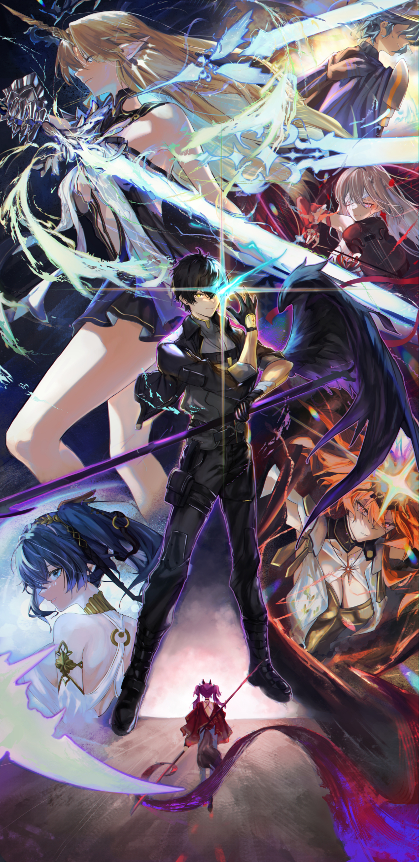 1boy, 6+girls, absurdres, armor, augusta_(wuthering_waves), bare_shoulders, black_dress, black_gloves