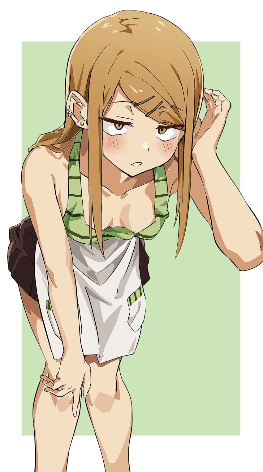 1girl, adjusting_hair, apron, as_buppa, bare_shoulders, blonde_hair, blush, breasts, dagashi_kashi, downblouse, ear_piercing, earrings, endou_saya, highres, jewelry, jitome, leaning_forward, long_hair, medium_breasts, piercing, skirt, solo, tank_top, white_apron