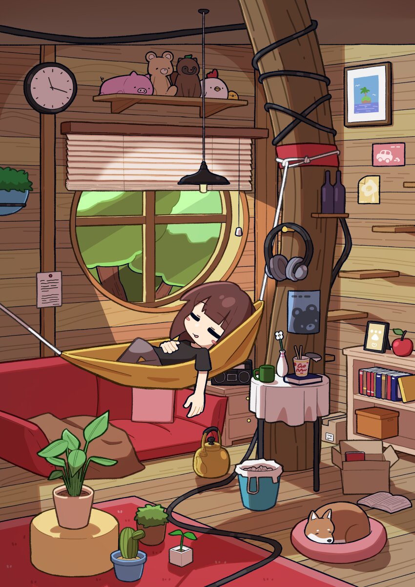 1girl, absurdres, analog_clock, apple, black_shirt, blush_stickers, book, bookshelf