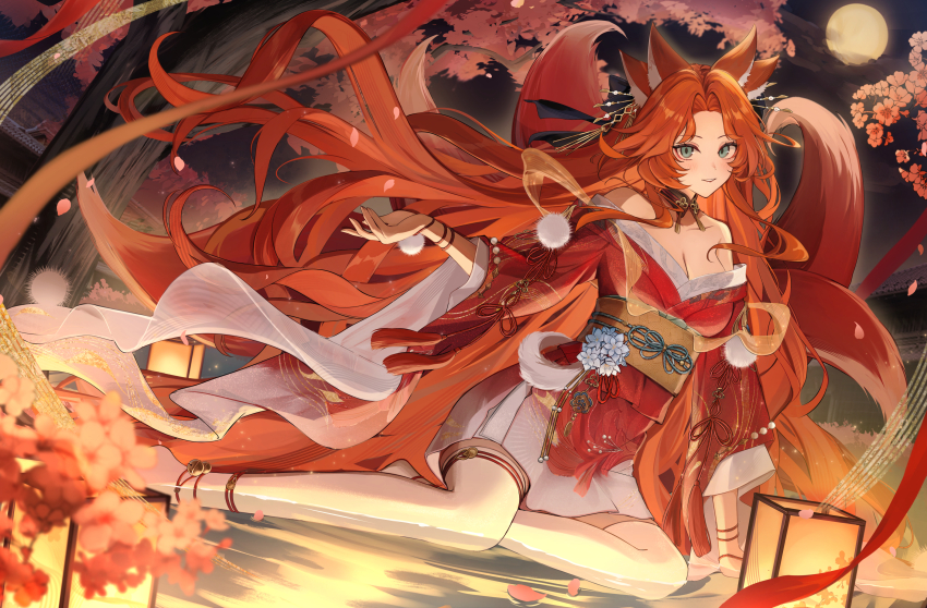 1girl, absurdres, animal_ears, blush, breasts, character_request, cleavage, commentary_request, fox_ears, fox_girl, fox_tail, full_body, full_moon, green_eyes, hand_up, highres, japanese_clothes, kimono, long_hair, long_sleeves, looking_at_viewer, miyanami_3, moon, night, nishui_han, obi, official_art, orange_hair, outdoors, parted_bangs, parted_lips, red_kimono, sash, sitting, smile, solo, tail, wide_sleeves