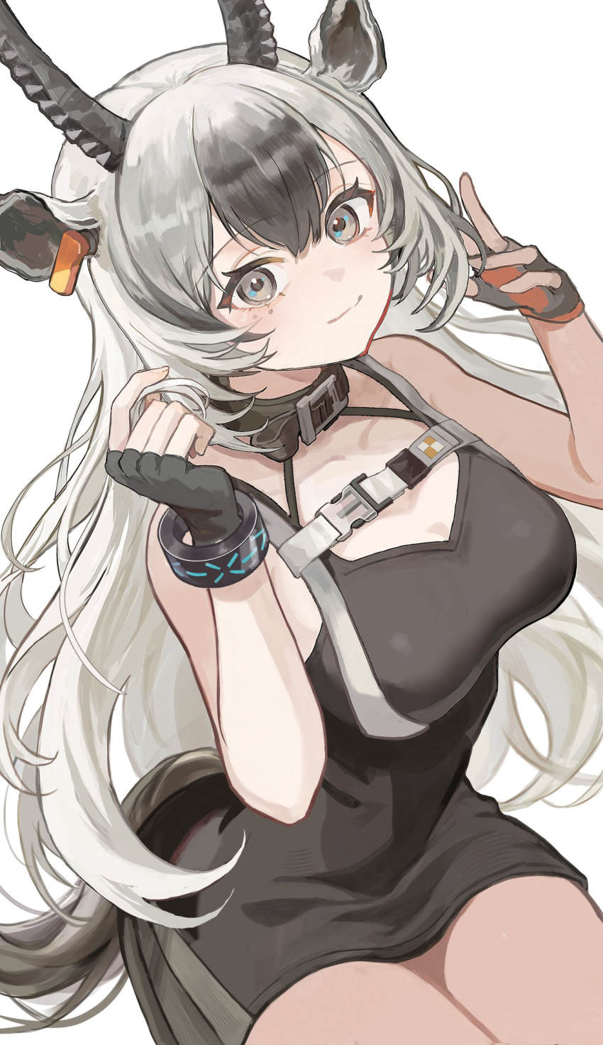1girl, animal_ears, arknights, bare_shoulders, belt, black_collar, black_dress, black_gloves