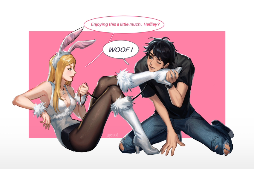 absurdres, animal_ears, black_hair, black_shirt, blonde_hair, boots, breasts, cleavage