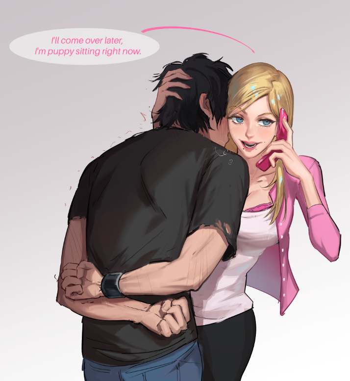 1boy, 1girl, arm_behind_back, black_hair, black_pants, black_shirt, blonde_hair, blue_eyes