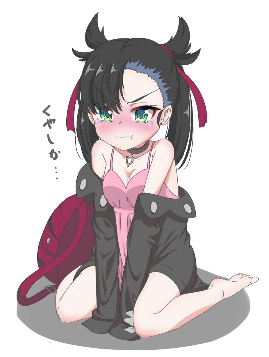 1girl, :t, angry, asymmetrical_bangs, bag, barefoot, black_choker, black_hair, black_jacket, blush, breasts, choker, cleavage, closed_mouth, collarbone, dress, full_body, green_eyes, hair_ribbon, highres, jacket, looking_at_viewer, marnie_(pokemon), nintendo, off_shoulder, pink_dress, pokemon, pokemon_sword_and_shield, pout, red_bag, red_ribbon, ribbon, sake_shake, simple_background, sitting, sleeves_past_wrists, small_breasts, solo, tears, v-shaped_eyebrows, wariza, white_background