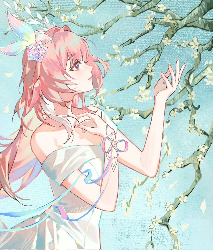 1girl, bare_shoulders, branch, breasts, commentary, cyrene_(honkai:_star_rail), cyrene_(demiurge)_(honkai:_star_rail), diamond-shaped_pupils, diamond_(shape), english_commentary, flower, gloves, hair_flower, hair_ornament, highres, honkai:_star_rail, honkai_(series), horionline, long_hair, medium_breasts, multicolored_hair, pink_hair, pointy_ears, purple_eyes, solo, symbol-shaped_pupils, tree, two-tone_hair, very_long_hair, white_gloves, white_hair