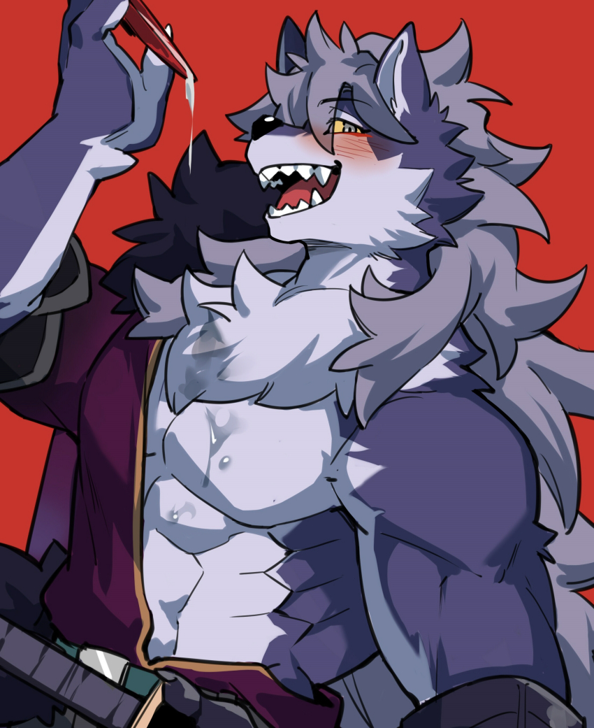 1boy, abs, absurdres, alcohol, animal_ears, bara, blush, colored_sclera