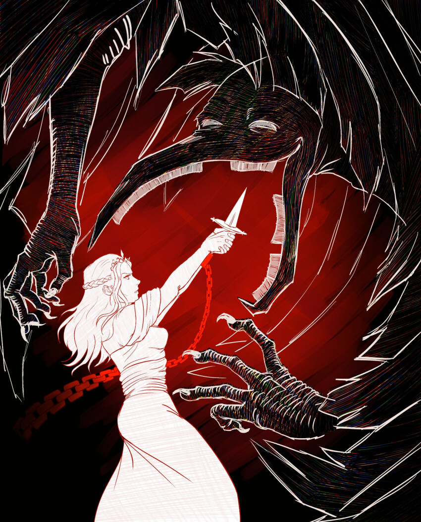 1boy, 1girl, braid, breasts, chain, dress, highres, holding