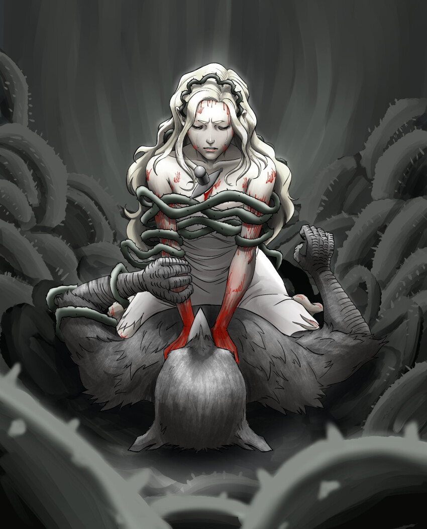 1boy, 1girl, bare_shoulders, barefoot, bleeding, blood, breasts, cleavage