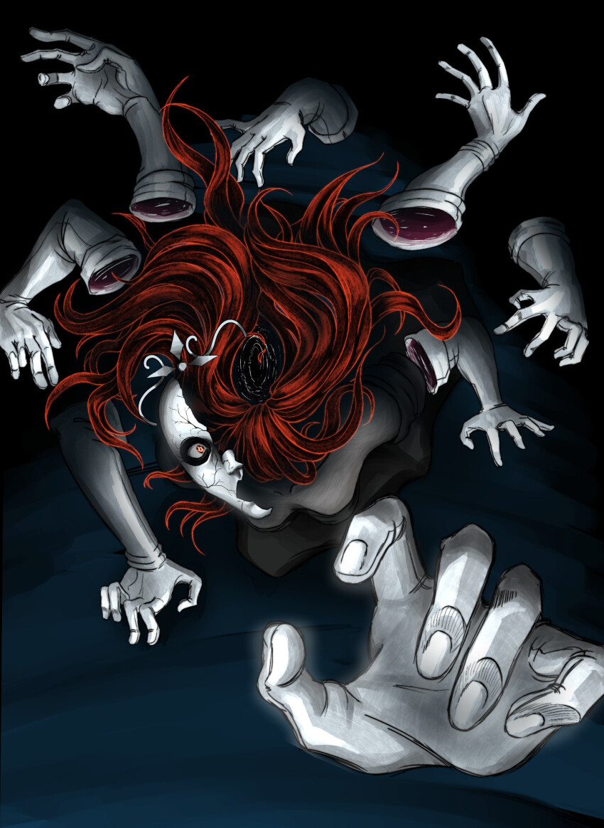 1girl, black_background, broken_mask, cracked_mask, crawling, extra_arms, highres, horror_(theme)