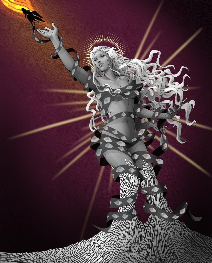 1boy, 1girl, arm_up, black_sclera, breasts, cleavage, colored_sclera, flying, giant, giantess, highres, long_hair, looking_at_another, messy_hair, naked_ribbon, navel, princess_(slay_the_princess), rainsquall, ribbon, slay_the_princess, smile, the_apotheosis_(slay_the_princess), the_hero_(slay_the_princess), white_hair