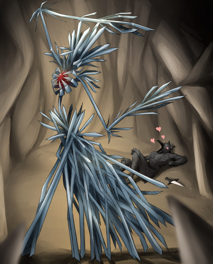 1boy, 1girl, blush, cave, exposed_heart, heart, hetero, highres, indoors, knife, lying, on_back, princess_(slay_the_princess), rainsquall, slay_the_princess, standing, the_hero_(slay_the_princess), the_razor_(slay_the_princess)