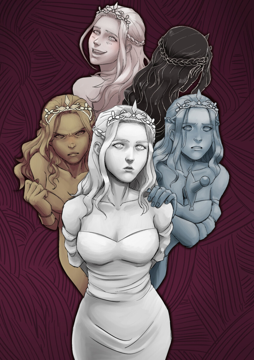 1girl, angry, bare_shoulders, brid, clenched_hand, collarbone, extra_faces, hand_on_own_shoulder