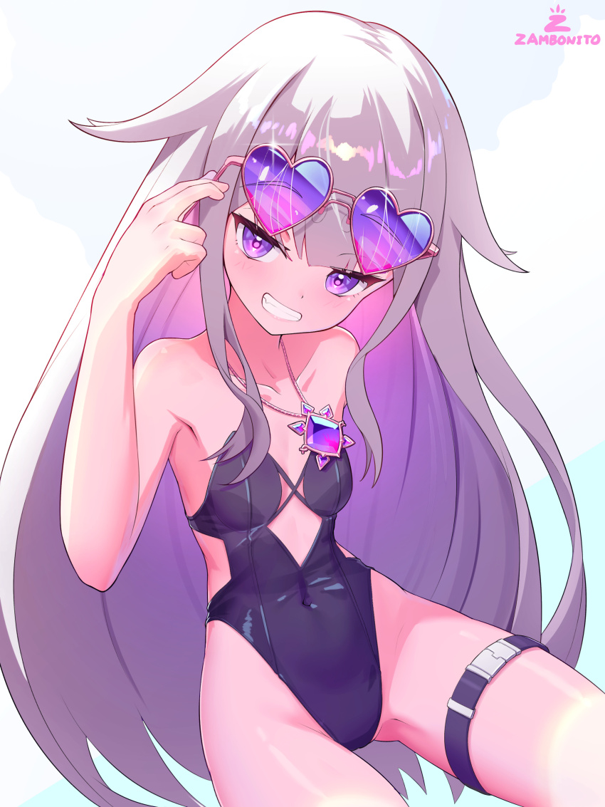 1girl, :d, absurdres, adjusting_eyewear, black_one-piece_swimsuit, casual_one-piece_swimsuit, center-flap_bangs, clothing_cutout, colored_inner_hair, covered_navel, double-parted_bangs, eyewear_on_head, flat_chest, gem, gradient_hair, grey_hair, grin, hair_flaps, heart, heart-shaped_eyewear, highleg, highleg_one-piece_swimsuit, highres, hololive, hololive_english, holonatsu_paradise, jewelry, koseki_bijou, koseki_bijou_(holonatsu_paradise), long_hair, looking_at_viewer, multicolored_hair, necklace, official_alternate_costume, one-piece_swimsuit, open_mouth, pink_hair, purple-tinted_eyewear, purple_eyes, purple_gem, purple_hair, sidelocks, sitting, smile, solo, strapless, strapless_one-piece_swimsuit, sunglasses, swimsuit, thigh_strap, tinted_eyewear, very_long_hair, virtual_youtuber, zambonito