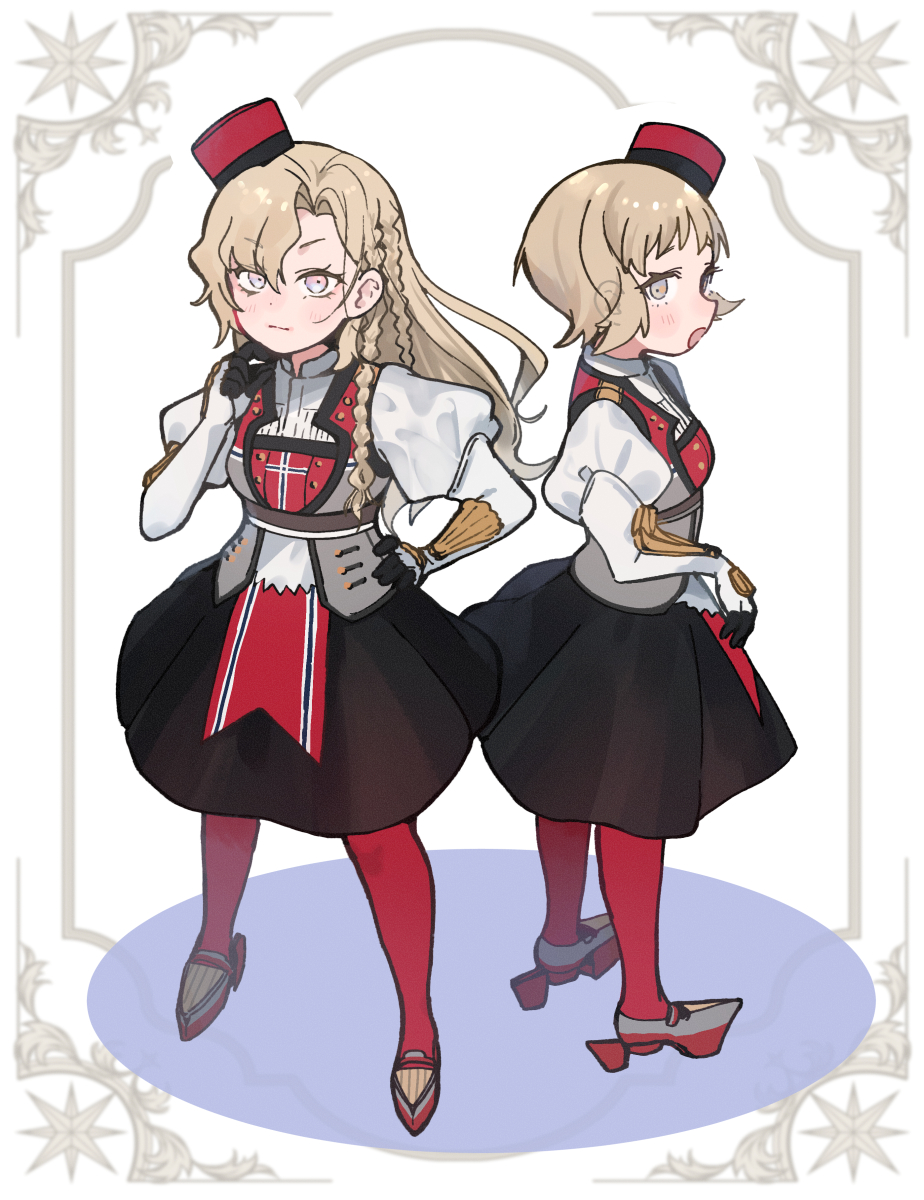 2girls, annin_musou, back-to-back, black_skirt, blonde_hair, braid, eidsvold_(kancolle), full_body