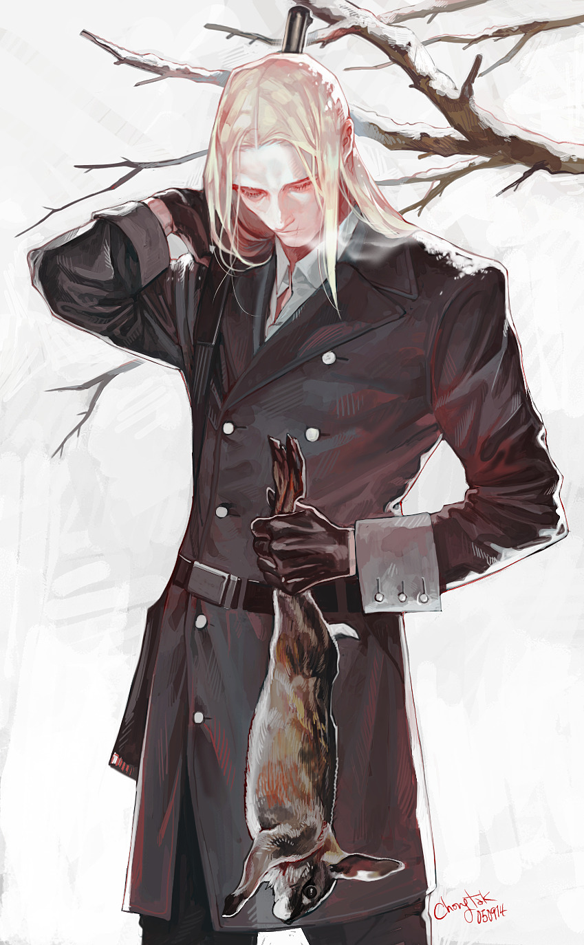 1boy, animal, belt, black_belt, black_gloves, black_jacket, blonde_hair, branch