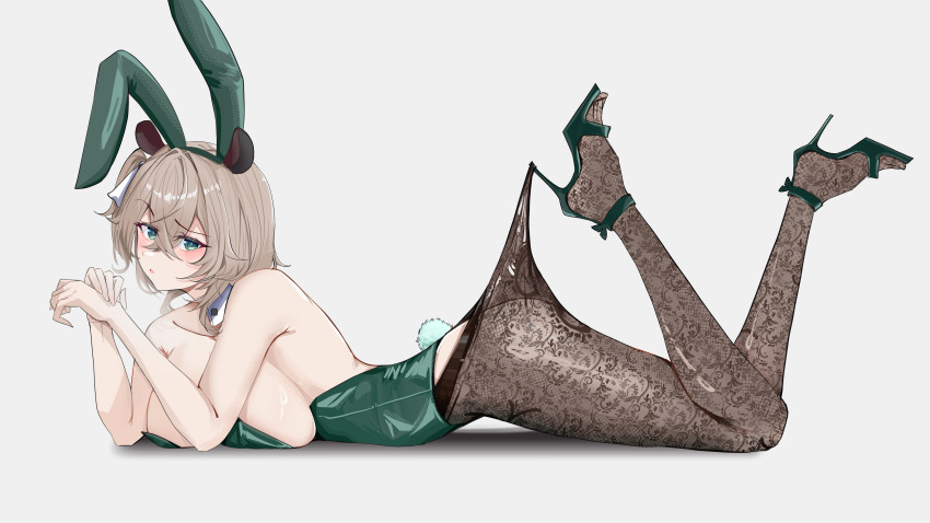 1girl, absurdres, animal_ears, ass, bare_back, bare_shoulders, black_pantyhose, blush, breasts, brown_hair, cleavage, commentary, english_commentary, fake_animal_ears, fake_tail, fishnet_pantyhose, fishnets, from_side, full_body, green_eyes, hair_between_eyes, high_heels, highres, hooked_on_heel, indie_virtual_youtuber, lace, lace_pantyhose, lace_pantyhose_hooked_on_heel_(meme), large_breasts, lying, meme, nimi_nightmare, on_stomach, pantyhose, playboy_bunny, punpond, rabbit_ears, rabbit_tail, short_hair, side_ponytail, sideboob, simple_background, solo, tail, tapir_girl, tapir_tail, the_pose, virtual_youtuber, white_background