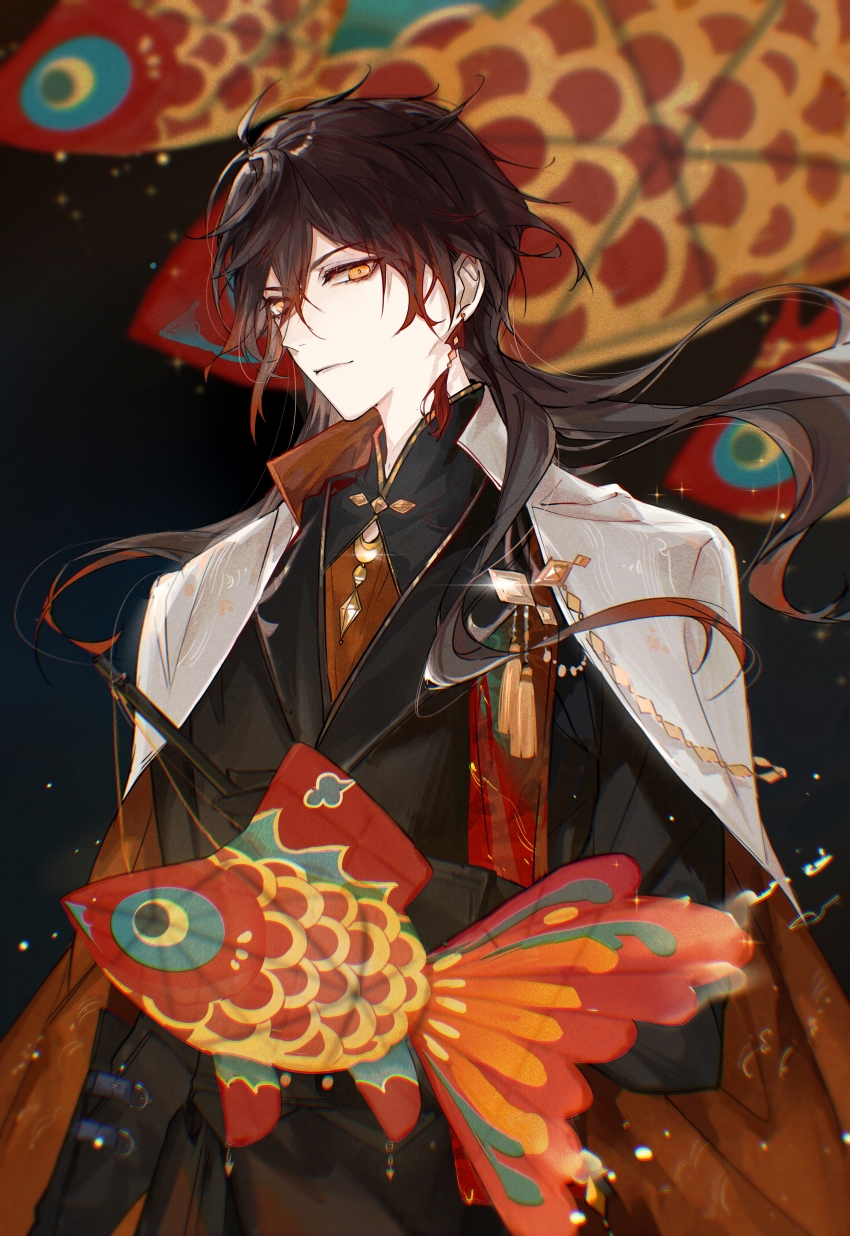 1boy, absurdres, alternate_costume, animal_lantern, black_background, black_gloves, black_hair, black_jacket