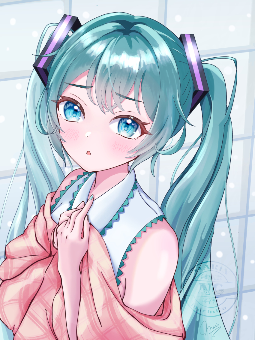 1girl, absurdres, aqua_hair, aqua_nails, aqua_trim, blue_eyes, collared_shirt, hair_between_eyes