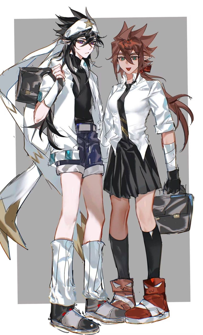 2girls, :d, absurdres, ahoge, anmicius, aotu_world, bag, bandaged_arm, bandages, bandana, belt, black_bag, black_gloves, black_hair, black_necktie, black_shirt, black_shoes, black_skirt, black_socks, blue_shorts, breasts, brown_hair, chinese_commentary, closed_mouth, collared_shirt, fingerless_gloves, full_body, genderswap, genderswap_(mtf), gloves, green_eyes, grey_background, grey_belt, hair_between_eyes, hair_ribbon, headband, highres, holding, holding_bag, holding_strap, hood, hood_down, hooded_jacket, jacket, liaoxiaoyan0919, long_hair, looking_at_viewer, loose_socks, low_ponytail, medium_breasts, multiple_girls, necktie, open_clothes, open_jacket, open_mouth, pleated_skirt, pointy_ears, ponytail, print_headband, purple_eyes, ray_(aotu_world), red_ribbon, red_shoes, ribbon, school_bag, school_uniform, shirt, shoes, short_sleeves, shorts, sidelocks, simple_background, skirt, smile, sneakers, socks, spiked_hair, standing, star_(symbol), star_print, turtleneck, white_gloves, white_headband, white_jacket, white_shirt, white_socks