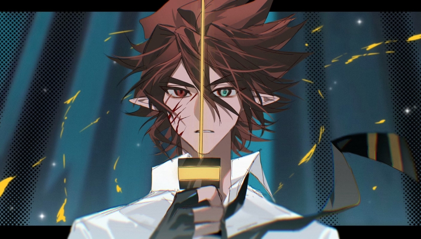 1boy, ahoge, anmicius, aotu_world, aqua_eyes, black_gloves, black_necktie, blood, blood_on_face, brown_hair, chinese_commentary, collared_shirt, fingerless_gloves, gloves, glowing, glowing_weapon, hair_between_eyes, heterochromia, highres, holding, holding_sword, holding_weapon, letterboxed, liaoxiaoyan0919, looking_at_viewer, male_focus, necktie, parted_lips, pointy_ears, portrait, red_eyes, scar, scar_on_face, shirt, short_hair, solo, spiked_hair, sword, weapon, white_shirt