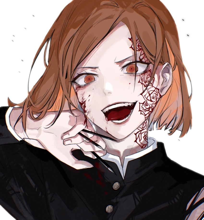 1girl, :d, absurdres, black_jacket, bleeding, blood, blood_on_clothes, blood_on_face, blood_on_hands, body_markings, chinese_commentary, crazy_eyes, crazy_smile, eyelashes, facial_mark, fangs, hand_up, highres, holding, holding_nail, injury, jacket, jujutsu_kaisen, kugisaki_nobara, long_sleeves, looking_at_viewer, nail_(hardware), nidexintu, open_mouth, orange_eyes, orange_hair, parted_bangs, portrait, school_uniform, shirt, short_hair, simple_background, smile, solo, teeth, torn_clothes, upper_body, white_background