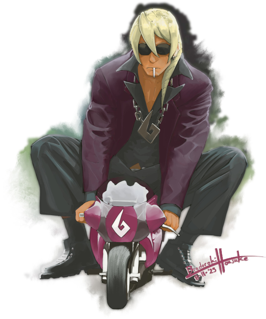 1boy, abunai_deka, ace_attorney, artist_name, bicycle, black_pants, black_shirt, black_shoes