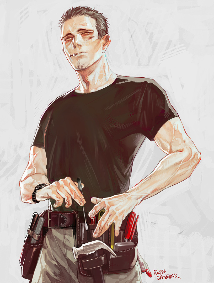 1boy, belt, belt_pouch, black_hair, black_shirt, ctkcave, facial_hair, goatee