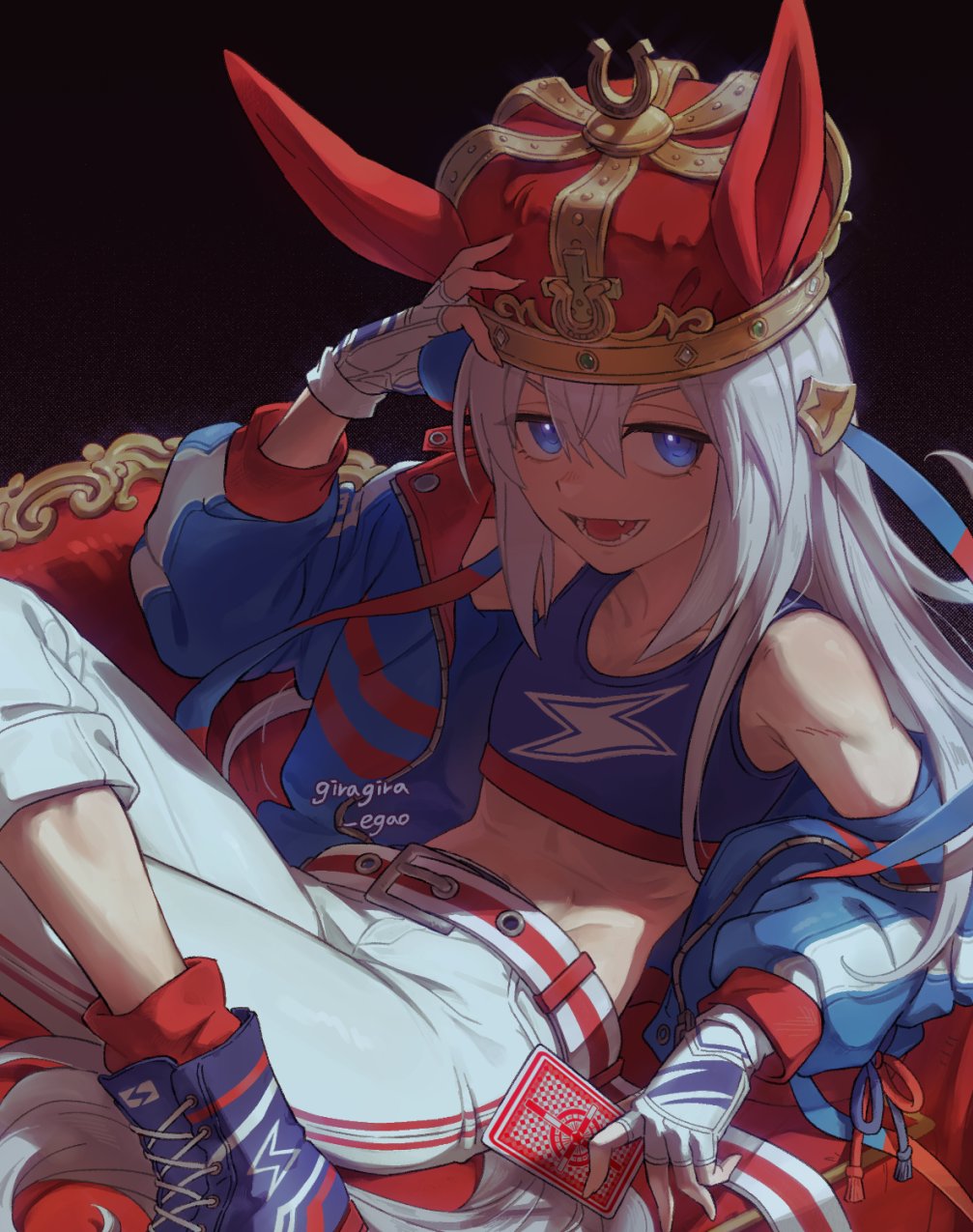 1girl, animal_ears, belt, blue_eyes, blue_hairband, blue_jacket, blue_sports_bra, card, chair, collarbone, crop_top, crown, ear_covers, ears_through_headwear, fingerless_gloves, giragira_egao, gloves, grey_hair, grey_tail, hair_between_eyes, hairband, headband, highres, holding, holding_card, horse_ears, horse_girl, horse_tail, jacket, lightning_bolt_print, lightning_bolt_symbol, long_hair, long_sleeves, lying, midriff, navel, open_mouth, pants, playing_card, red_belt, red_headband, shirt, smile, solo, sports_bra, striped_clothes, striped_hairband, tail, tamamo_cross_(umamusume), tamamo_cross_(fast_as_lightning)_(umamusume), teeth, umamusume, very_long_hair, white_pants