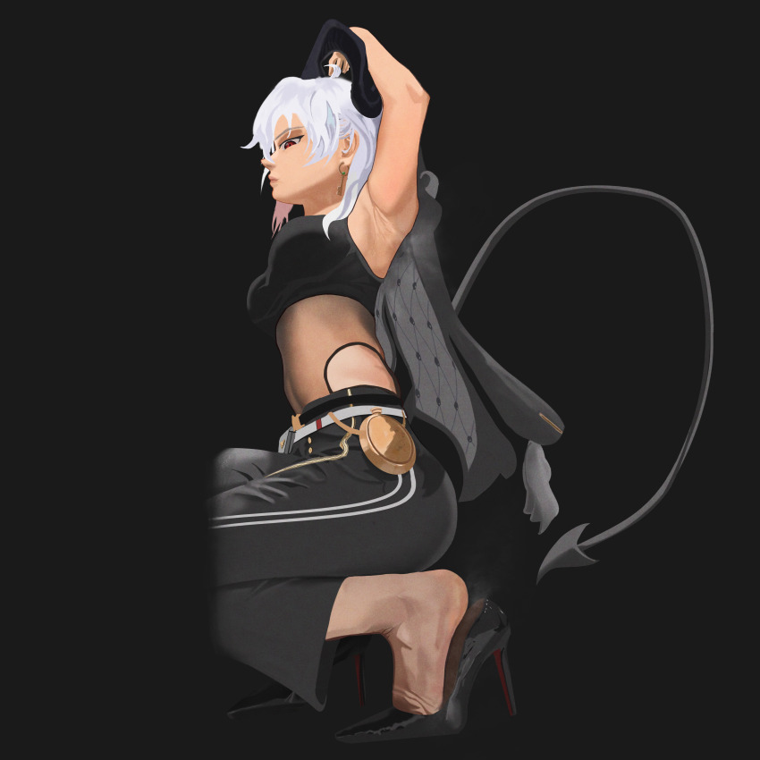 1girl, absurdres, armpits, blush, demon_tail, feet, highres, horns