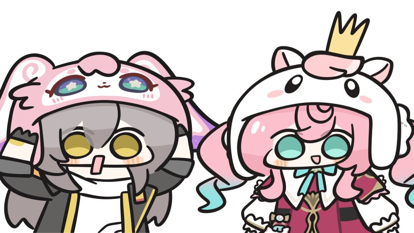 2girls, absurdres, aqua_eyes, aqua_hair, black_gloves, black_jacket, blue_eyes, chibi