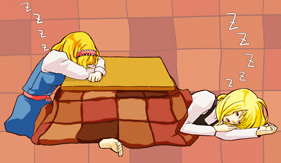 2girls, alice_margatroid, barefoot, blonde_hair, female_focus, kirisame_marisa, kotatsu, multiple_girls
