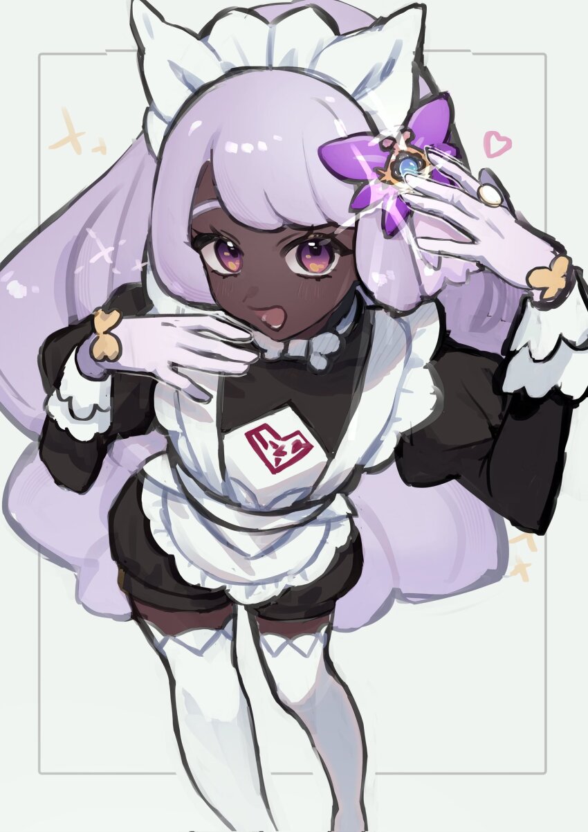 1girl, alternate_costume, apron, arm_up, black_romper, bow, bowtie, cosplay