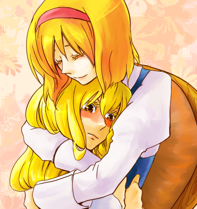 2girls, alice_margatroid, blonde_hair, blush, closed_eyes, female_focus, hairband, hug