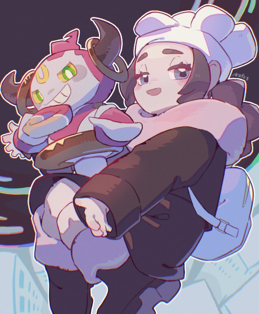 1girl, 73sitimi, ansha_(pokemon), backpack, bag, black_hair, blue_eyes, boots, braid, cityscape, coat, donut, food, from_above, gen_6_pokemon, hat, highres, hoopa, hoopa_(confined), legendary_pokemon, looking_at_viewer, mythical_pokemon, nintendo, open_mouth, pokemon, pokemon_legends:_z-a, scarf, smile, solo