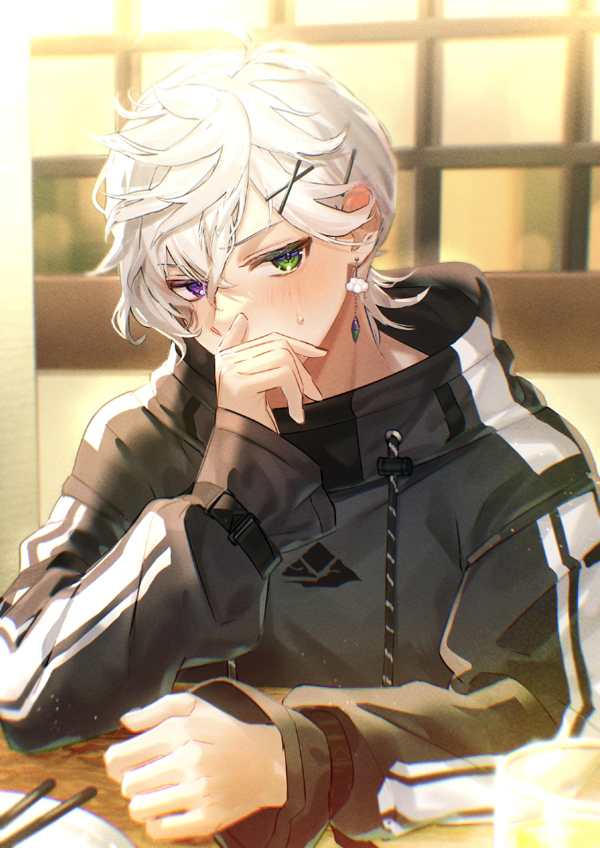 1boy, absurdres, bangs_pinned_back, black_jacket, chopsticks, cloud_earrings, commentary_request, covering_own_mouth