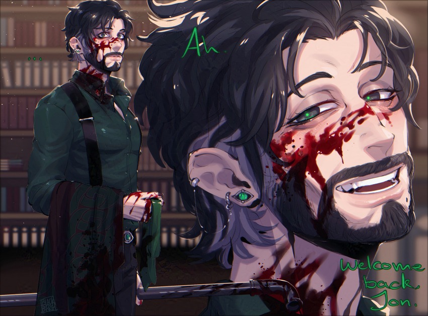 1boy, absurdres, aquiline_nose, bags_under_eyes, beard, black_hair, black_nails, blackberreh-art