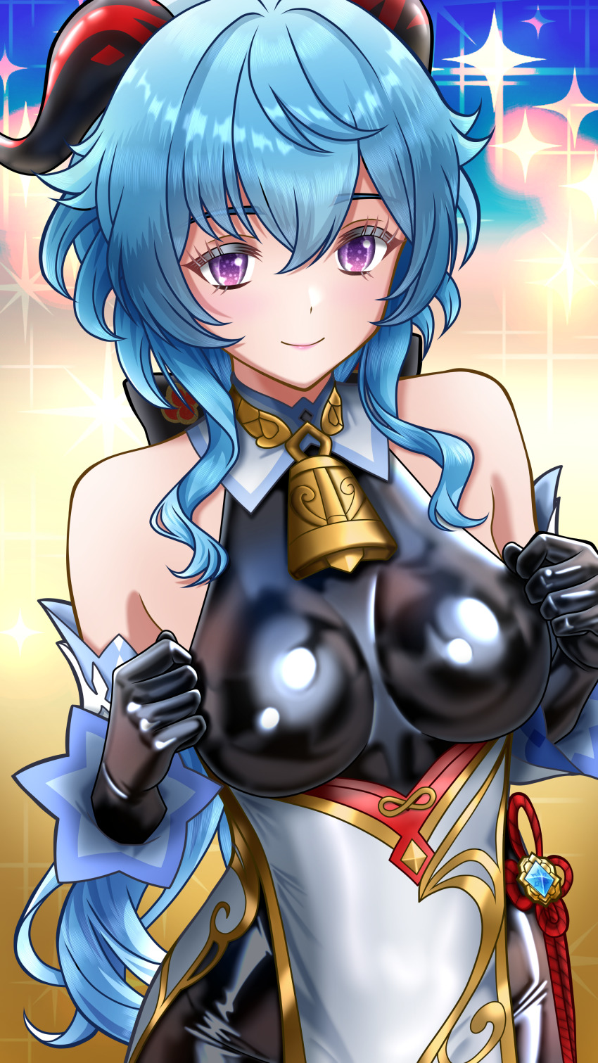 1girl, absurdres, bare_shoulders, bell, black_gloves, blue_hair, bodysuit, breasts
