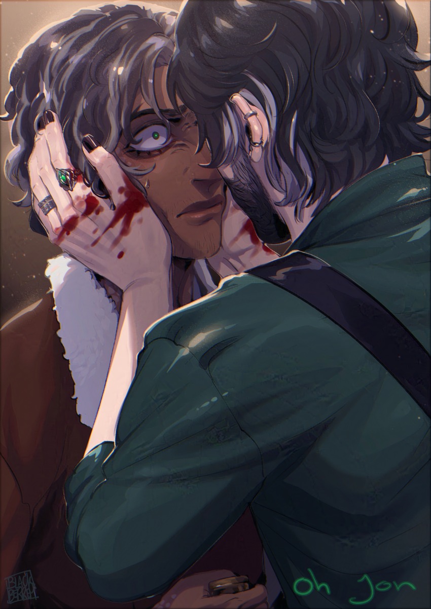 2boys, absurdres, bags_under_eyes, beard, blackberreh-art, blood, design_speculation, elias_bouchard
