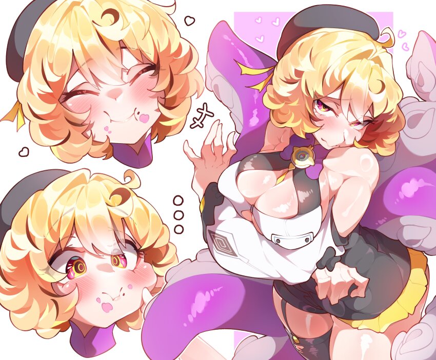 ..., 1girl, ^_^, absurdres, beret, black_hair, black_skirt, blonde_hair