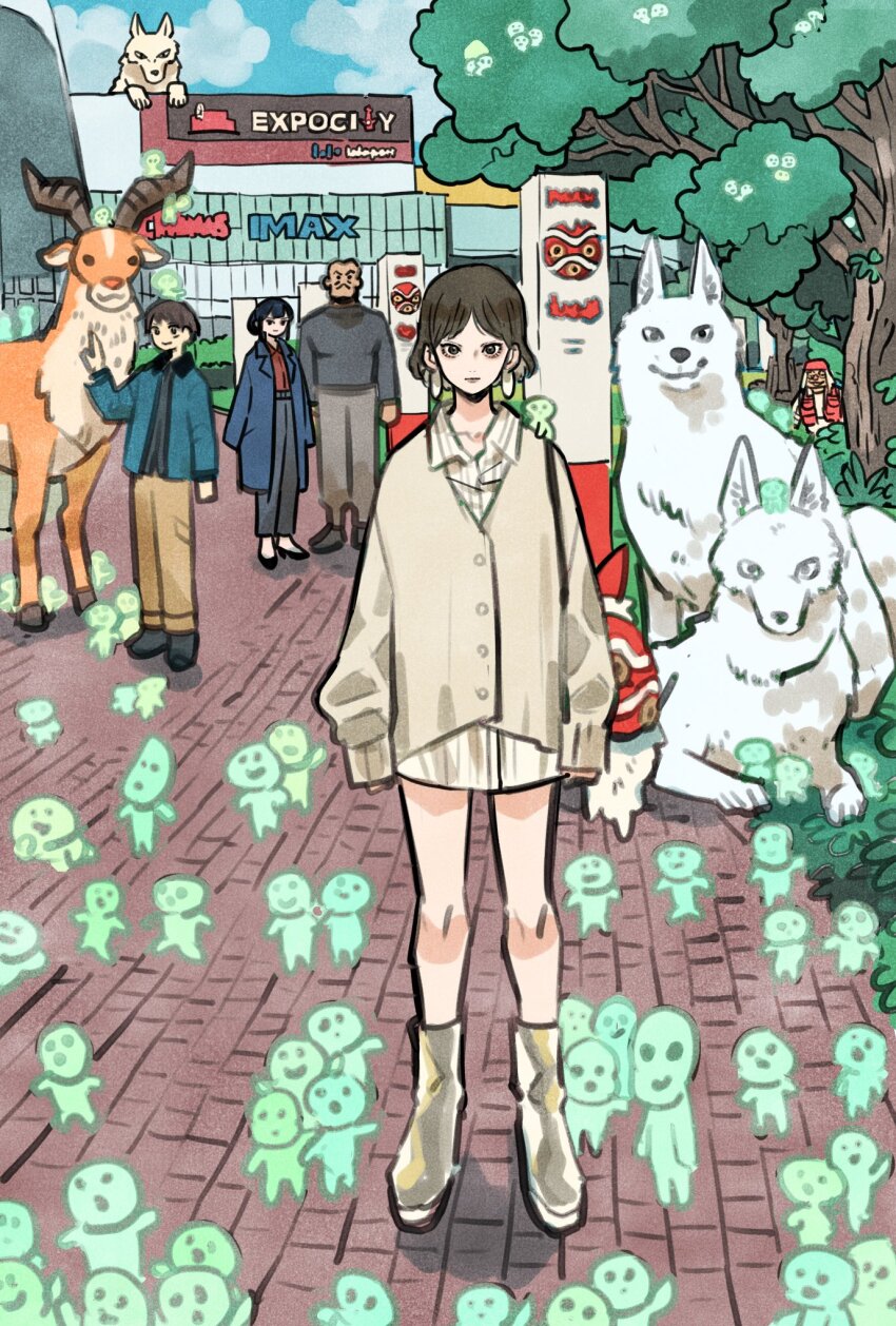 2girls, 3boys, ashitaka, black_pants, black_sweater, blue_coat, boots, brown_hair