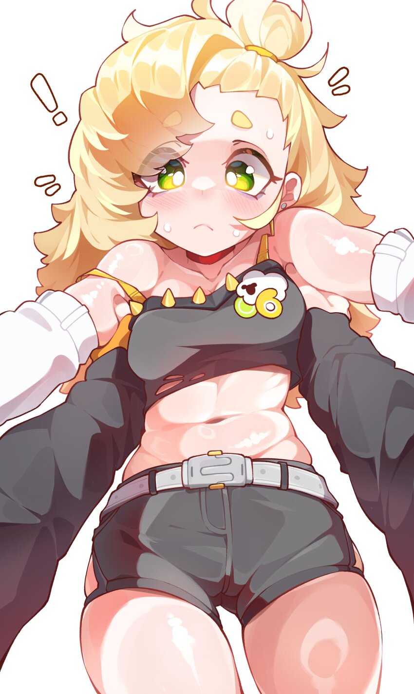!, 2girls, absurdres, bags_under_eyes, bandeau, belle_(zenless_zone_zero), belt, black_bandeau, black_short, black_shorts, blonde_hair, blush, breasts, carrying, choker, closed_mouth, collarbone, crop_top, detached_sleeves, dot_nose, earrings, eyes_visible_through_hair, female_pov, fingerless_gloves, gloves, gluteal_fold, green_eyes, grey_belt, hair_bun, held_up, highres, jewelry, light_blush, loli, long_hair, long_sleeves, looking_at_viewer, midriff, multiple_girls, navel, orange_gloves, orcavice, piper_wheel, pov, pov_hands, red_choker, shiny_skin, shirt, shorts, simple_background, small_breasts, spiked_shirt, stomach, strap_slip, sweat, thighs, torn_clothes, torn_shirt, v-shaped_eyebrows, white_background, white_sleeves, zenless_zone_zero
