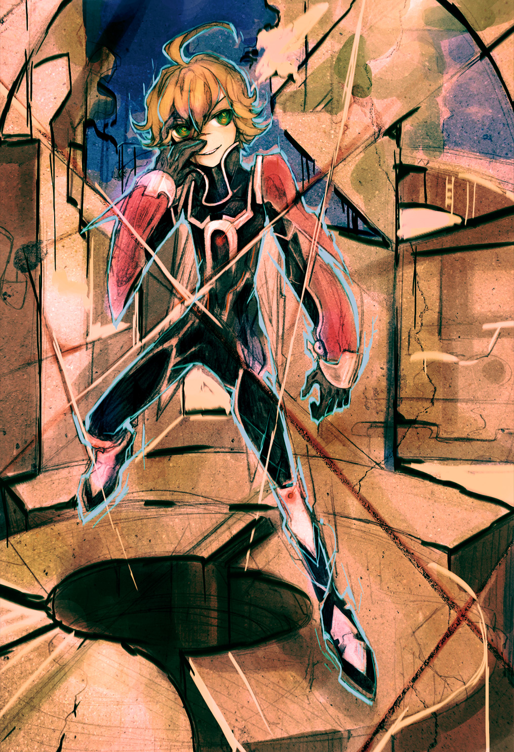 10s, 1boy, ahoge, armor, bad_id, bad_pixiv_id, barnaby_brooks_jr., blonde_hair, dark_persona, glowing, green_eyes, highres, male_focus, malka, power_armor, power_suit, solo, superhero_costume, tiger_&amp;_bunny