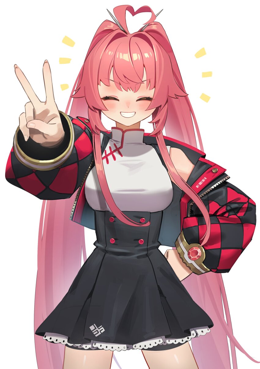 1girl, ^_^, absurdres, ahoge, bike_shorts, bike_shorts_under_skirt, black_skirt, blush