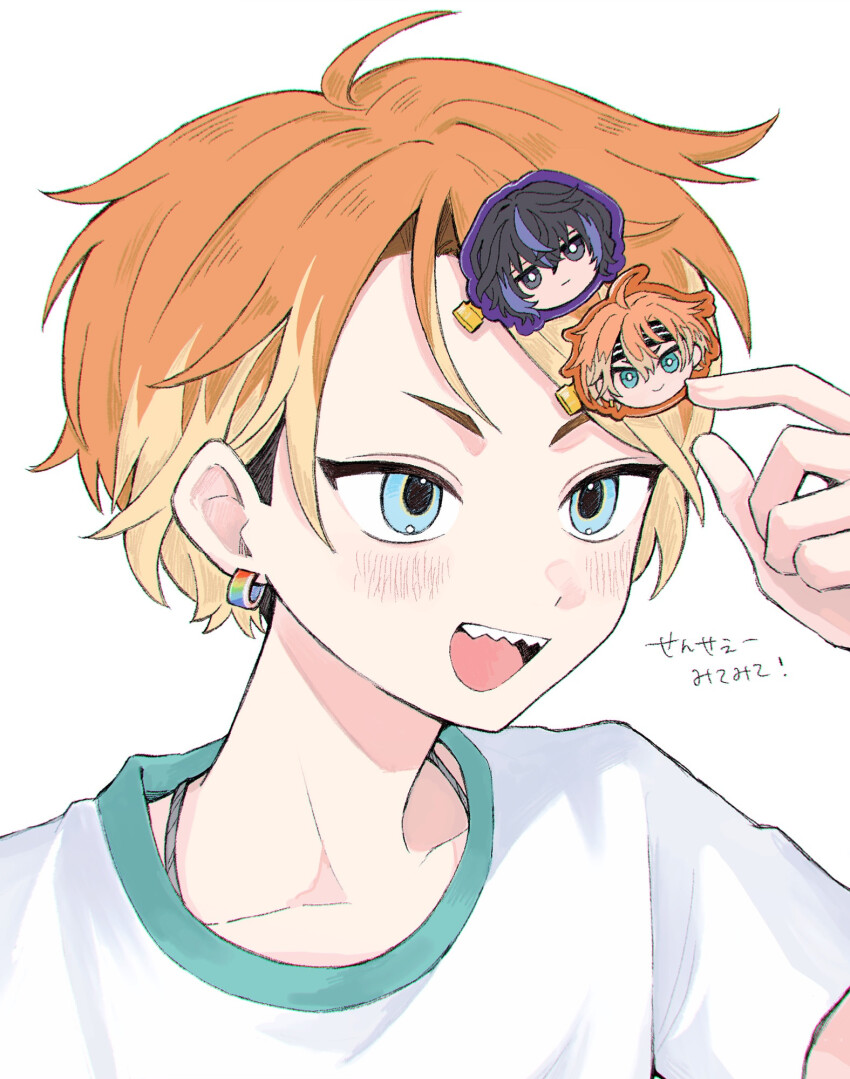 18trip, 1boy, blonde_hair, blue_eyes, blush, character_hair_ornament, collarbone, earrings, hair_ornament, highres, isotake_akuta, jewelry, kinugawa_kiroku, male_focus, multicolored_hair, open_mouth, orange_hair, sebon_(sebochin), sharp_teeth, shirt, short_hair, simple_background, smile, solo, t-shirt, teeth, tongue, translation_request, two-tone_hair, upper_teeth_only, white_background, white_shirt